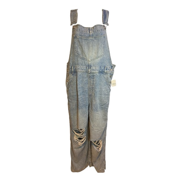NWT We The Free Denim Overalls Size Small Blue Wide Leg Distressed Lyocell - Picture 2 of 13